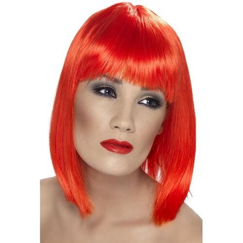 Neon Red  Short Blunt Glam Wig Costume Accessory 