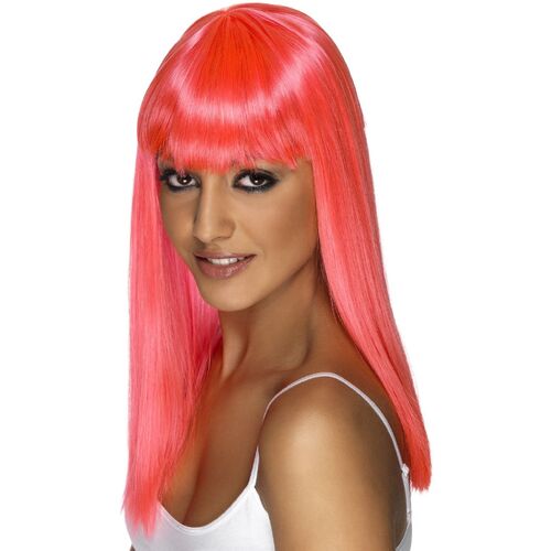 Long Neon Pink Straight Glamourama Wig Costume Accessory